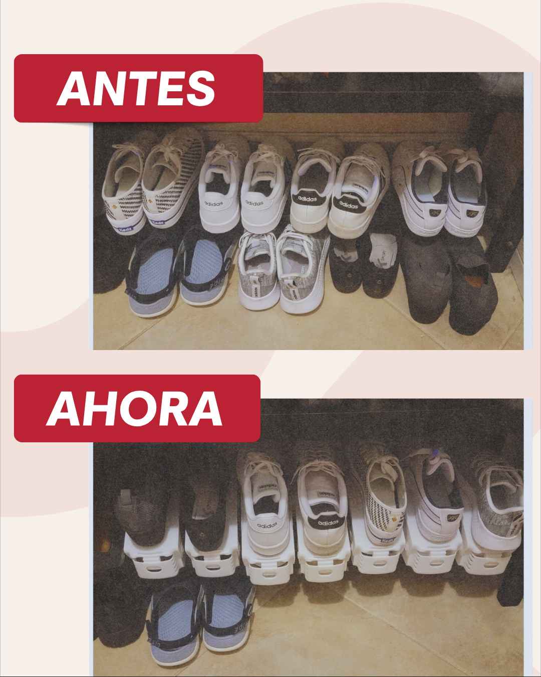 ANTES Y DESPUES ORGANIZADOR DE ZAPATOS